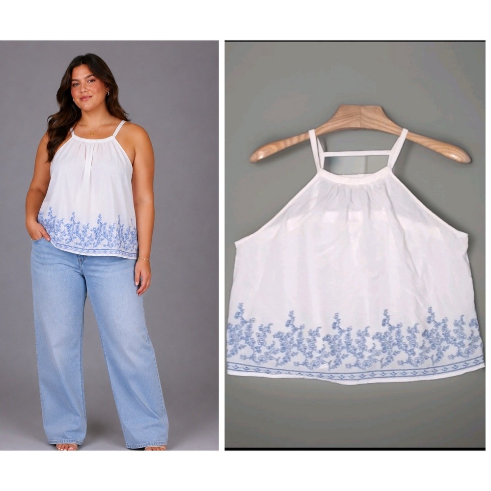 Forever 21+ White Halter Top Size 1X Blue Floral Embroidered Sleeveless Summer